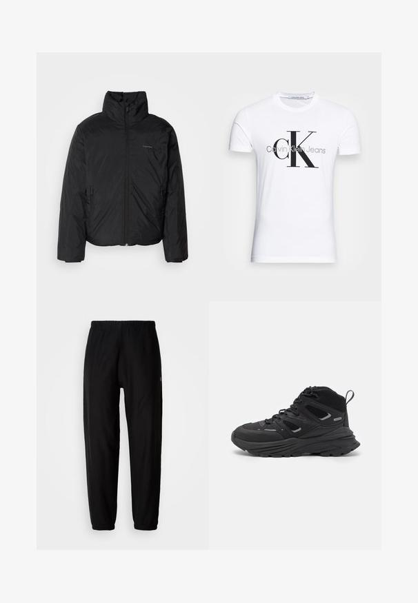 Μαύρο μπουφάν puffer με ψηλό γιακά, φερμουάρ μπροστά και πλευρικές τσέπες. Λείο, γυαλιστερό υλικό με μίνιμαλ λογότυπο στο στήθος.; Λευκό βαμβακερό μπλουζάκι με μαύρο λογότυπο "CK" και κείμενο "Calvin Klein Jeans", κοντά μανίκια και κλασικό στρογγυλό ντεκολτέ.; Μαύρα φόρμας με ελαστική μέση, στενές καμπάνες και μανσέτες. Απαλή υφή υφάσματος. Λογότυπο στο πλάι.; Μαύρα παπούτσια πεζοπορίας με σχεδίαση σε στρώσεις, υφασμάτινη υφή και καουτσούκ σόλα, με ενισχυμένα σημεία και κορδόνια.