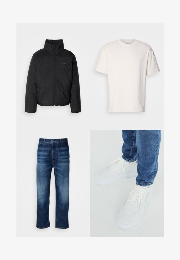 Fekete puffermellény magas gallérral, cipzáros elülső résszel és oldalsó zsebekkel. Simább, fényes textúra, minimális logóval a mellkason.; Krém színű pamut póló kerek nyakkal. Rövid ujjak és laza szabás. A nyakrészen egy kis logó található. Sima textúra.; Sötétkék, egyenes szárú farmernadrág enyhe kopással a comboknál és gombos záródással a deréknál, fehér háttér előtt.; Fehér sportcipő sima bőr és nubuk díszítéssel, kerek orral, vastag fehér talppal és lapos, keresztbe tett fűzőkkel; kék farmernadrággal viselve.