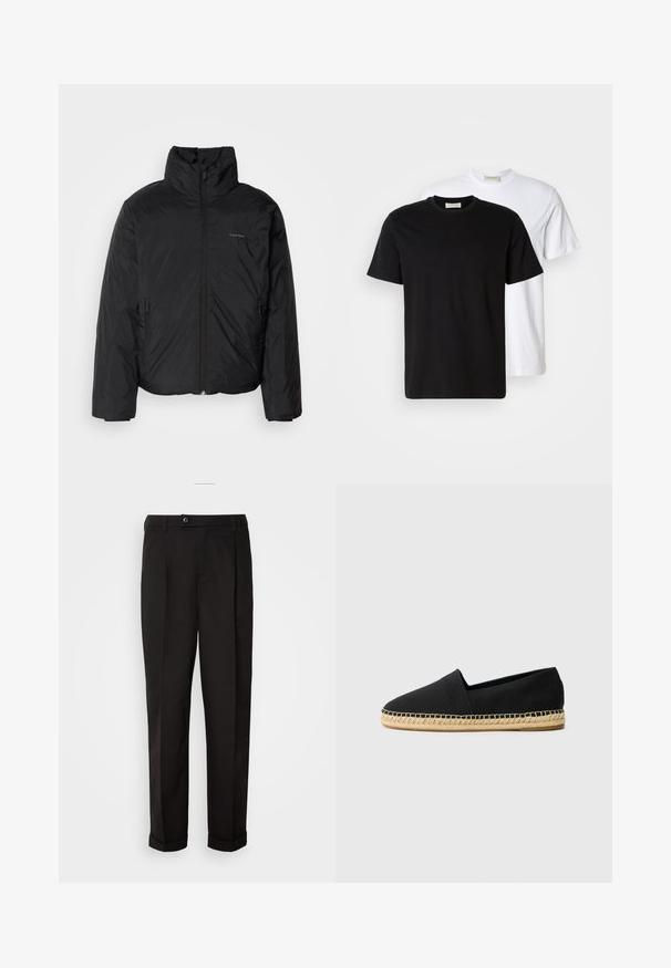 Zwarte pufferjack met een hoge kraag, rits aan de voorkant en zijzakken. Gladde, glanzende textuur met een minimalistisch logo op de borst.; Twee simpele katoenen T-shirts, één zwarte voor een witte geplaatst, beide met korte mouwen en ronde halslijnen.; Zwarte broek met een gladde textuur, voorzien van een rechte snit, twee voorkantzakken en een enkele knoopsluiting in de taille.; Zwarte canvas espadrille met een ronde neus, voorzien van een geweven jute zool en stikdetails langs de rand van de zool.