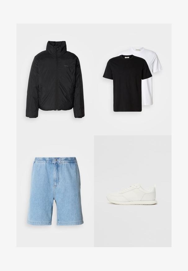 Must musträkk, millel on kõrge krae, lukuga ees ja küljetaskud. Sile, läikiv tekstuur ja minimaalne logo rinnal.; Kaks lihtsat puuvillast T-särki, must, mis on asetatud valge särgi ette, mõlemad lühikeste varrukatega ja ümmarguste kaelustega.; Heledsinine denimpüksid, millel on elastne vöökoht, eesnuppude sulgemine, küljetaskud ja sirge lõike disain. Keskmise reie pikkus.; Valged tennisesid, millel on võrgust ja sünteetilisest materjalist ülemine osa, ümar varvas, lamedad paelad ja tekstureeritud külgmine triip. Kummist tallaosa, tagaküljel tõmbetab.