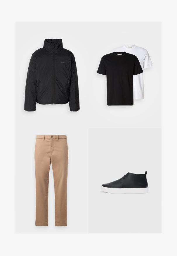 Jachetă pufă neagră cu guler înalt, fermoar frontale și buzunare laterale. Textură netedă și strălucitoare, cu un logo minim pe piept.; Două tricouri din bumbac simplu, unul negru plasat în fața unuia alb, ambele cu mâneci scurte și decolteu rotund.; Chinos bej din bumbac cu o textură netedă, având fermoar și închidere cu nasture. Design cu picior drept, fără modele sau accente vizibile.; Adidași negri din piele, cu vârf înalt, finisaj neted, talpă din cauciuc alb și un design simplu cu șireturi. Au un tab de prindere în partea din spate.