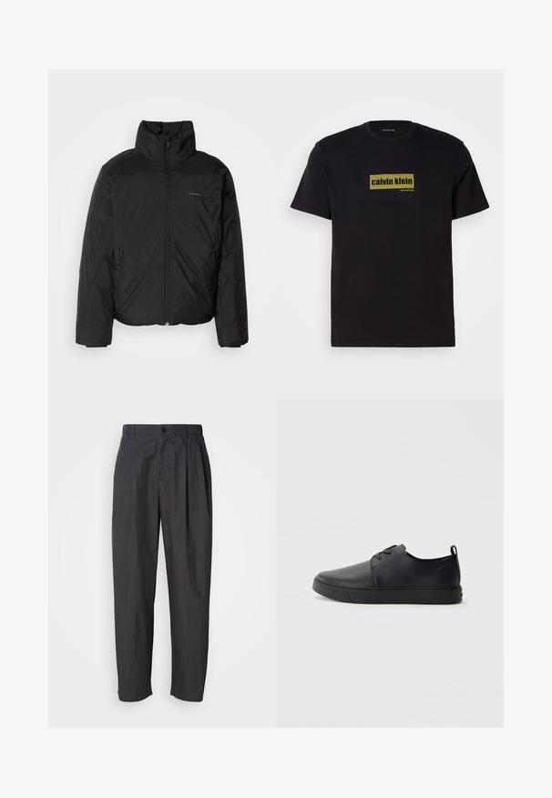 Must musträkk, millel on kõrge krae, lukuga ees ja küljetaskud. Sile, läikiv tekstuur ja minimaalne logo rinnal.; Must must valge T-särk lühikeste varrukatega, millel on rohelise ristkülikukujuline logo, kus on tugevdatud tekst "calvin klein" ja "new york city".; Tumedashallid sirged püksid vöödega, esise nupuga kinnitamine ja küljetaskud heledal tasapinnal.; Mustaläik nahast spordijalatsid siledaga viimistlusega, ümarate varvastega, sama tooni õmblustega, nööbid ees, ja lamedate kummist tallaga. Kannas aas.