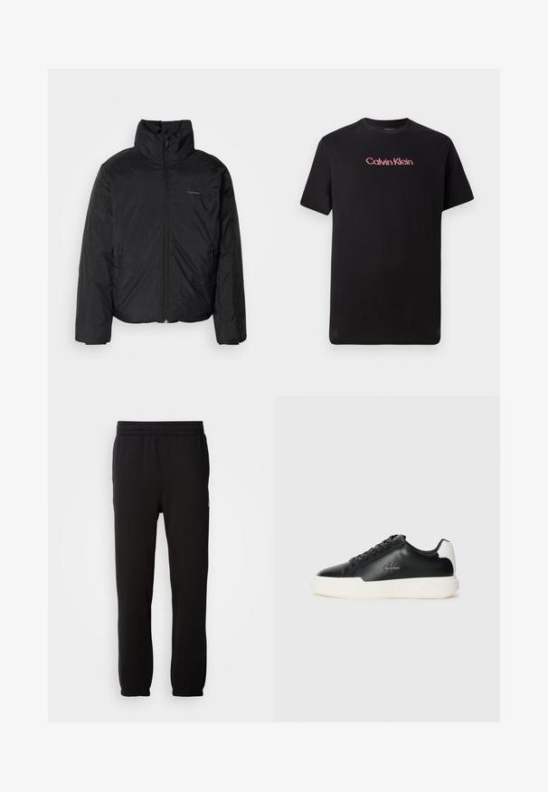 Crna puf jakna s visokim ovratnikom, patentnim zatvaračem sprijeda i bočnim džepovima. Glatka, sjajna tekstura s minimalnim logotipom na prsima.; Crna majica s kratkim rukavima izrađena od pamuka, središnjim logotipom Calvin Klein u crvenoj i bijeloj boji, s okruglim izrezom i opuštenim fitom.; Crne trenirke od mekog materijala, s elastičnim strukom, suženim rubovima i malim logotipom sa strane.; Crne kožne tenisice s bijelim gumeni potplat. Imaju okrugli vrh, dizajn s vezivanjem i logo detalj sa strane. Stražnji akcent u bijeloj boji.