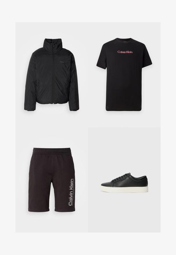 Czarna kurtka puchowa z wysokim kołnierzem, zapięciem na zamek z przodu i kieszeniami po bokach. Gładka, błyszcząca tekstura z minimalistycznym logo na klatce piersiowej.; Czarna koszulka z krótkim rękawem wykonana z bawełny, z centralnym logo Calvin Klein w kolorze czerwonym i białym, z okrągłym dekoltem i luźnym krojem.; Czarne bawełniane szorty z elastycznym paskiem w talii, z bocznymi kieszeniami oraz białym nadrukiem logo na lewej nodze. Krótkie wykończenie z podwiniętymi brzegami.; Czarne skórzane sneakersy z perforowaną fakturą, okrągłym czubkiem i płaską, białą gumową podeszwą. Posiadają czarne sznurówki i subtelne logo po boku.