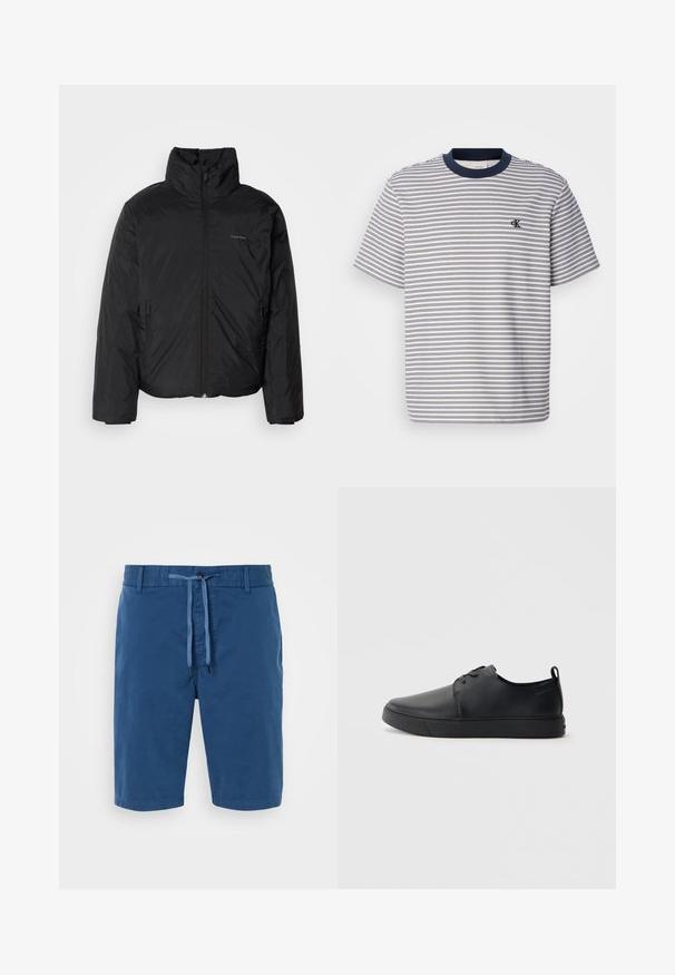 Svart puffjacka med hög krage, dragkedja framtill och sidofickor. Slät, glänsande textur med en minimal logotyp på bröstet.; Randig bomullströja med marinblå krage och mudd, prydd med horisontella blå och vita ränder; litet broderat märke på bröstet.; Blå bomullsshorts med elastisk midja, dragsko, sidfickor och en slät textur. Inga mönster eller detaljer synliga.; Svart lädersneaker med en slät yta, rund tå, tonad sömnad, snörning framtill och en platt gummisula. Ögla vid hälen.