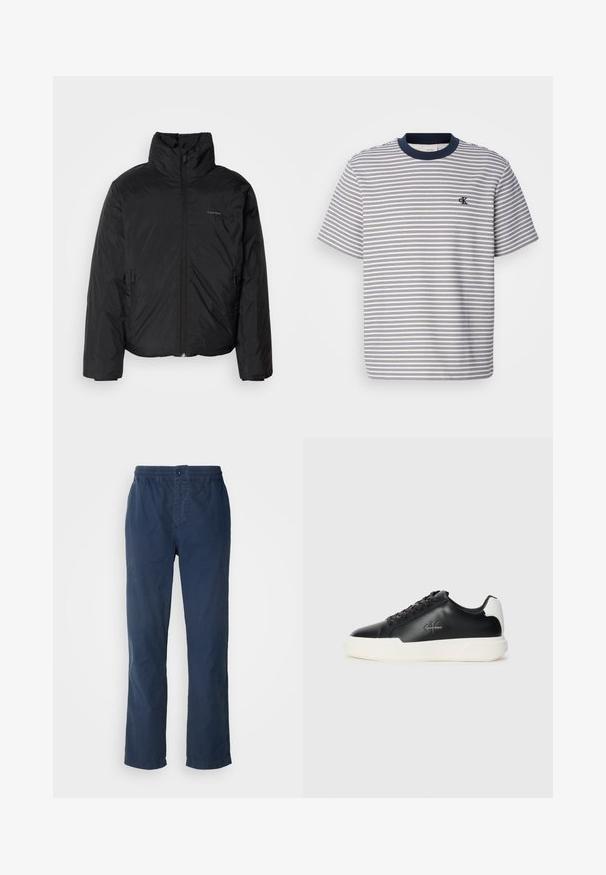 Schwarze Daunenjacke mit hohem Kragen, Reißverschluss auf der Vorderseite und Seitentaschen. Glatte, glänzende Textur mit einem minimalen Logo auf der Brust.; Gestreiftes Baumwoll-T-Shirt mit navyblauem Kragen und Bündchen, ausgestattet mit horizontalen blauen und weißen Streifen; kleines gesticktes Logo auf der Brust.; Marineblaue Hose mit einem elastischen Bund und einem Knopfverschluss, gerade Beinform, aus leichtem, glattem Stoff, ohne sichtbare Muster.; Schwarze Ledersneaker mit weißer Gummisohle. Merkmale sind eine runde Zehenpartie, ein Schnürdesign und ein Logo-Detail an der Seite. Rückseitiger Akzent in Weiß.
