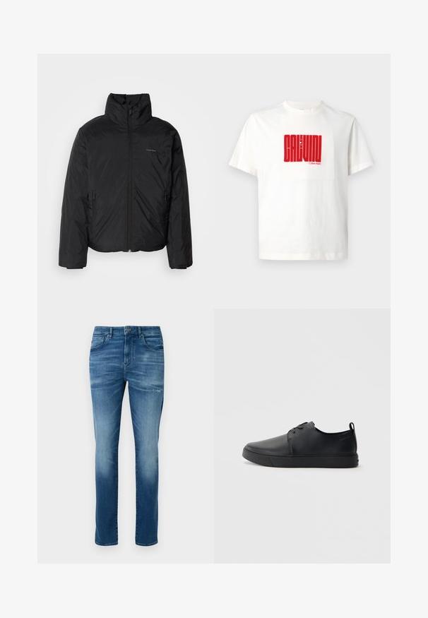 Black puffer jacket with a high collar, zipper front, and side pockets. Smooth, shiny texture with a minimal logo on the chest.; White cotton t-shirt featuring a large red graphic print of "CALVIN KLEIN" on the front, with a crew neckline and short sleeves.; Blue faded slim-fit jeans with button and zipper closure, front and back pockets, and slight distressing on the right thigh.; Black leather sneaker with a smooth finish, rounded toe, tonal stitching, lace-up front, and a flat rubber sole. Loop at the heel.