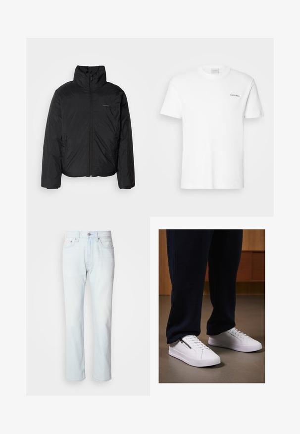 Musta puhvitakki korkealla kauluksella, vetoketjulla edessä ja sivutaskuilla. Sileä, kiiltävä pinta, jossa on minimaalinen logo rinnassa.; Valkoinen puuvillapaita lyhyillä hihoilla ja pyöreällä kaula-aukolla. Vasemmassa rinnassa on pieni musta "Calvin Klein" -logo.; Vaaleansiniset farkut, suoralla lahkeella. Varustettu napilla kiinnityksellä ja vyölenkeillä, tuotteessa on haalistunut pinta ja minimaalinen ompelu.; Valkoiset tennarit, joissa on sileä nahkapinta, litteä pohja ja nauhakiinnitys. Sivuvetoketju tuo lisää käytännöllisyyttä. Yhdistettynä tummiin collegehousuihin.