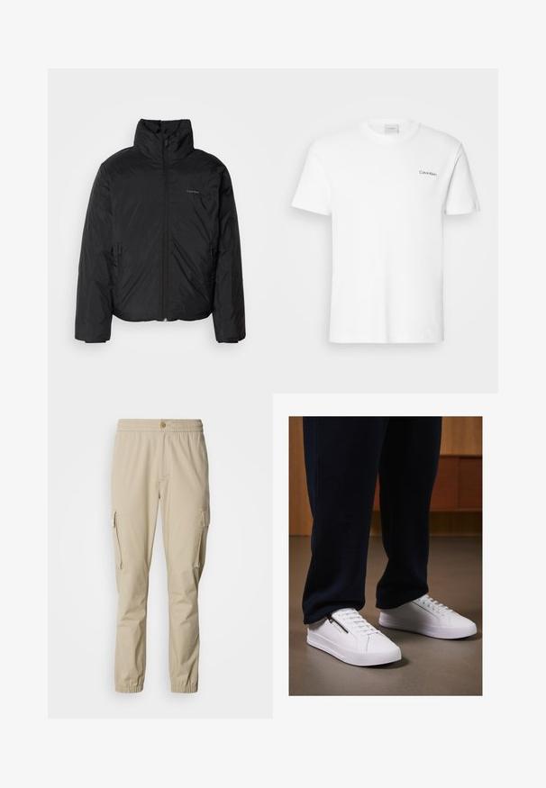 Must musträkk, millel on kõrge krae, lukuga ees ja küljetaskud. Sile, läikiv tekstuur ja minimaalne logo rinnal.; Valge puuvillasest T-särk lühikäistega ja ümarkaelusega. Vasakul rinnal on väike must "Calvin Klein" logo.; Bežid cargo püksid, millel on elastne vöökoht, nupuga sulgemine, küljetaskud ja elastsed mansetid pahkluude juures, valmistatud kergest kangast.; Valged tennisetooted sileda nahapinnaga, tasase tallaga ja nööridega disainiga. Küljel asuv tõmblukk lisab funktsionaalsust. Kombineeritud tumedate spordipükste jao.