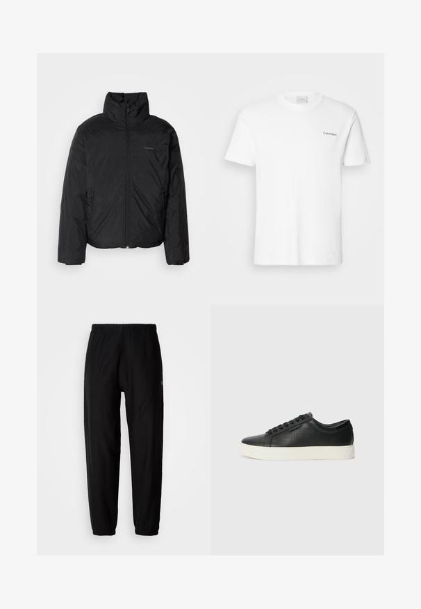 Black puffer jacket with a high collar, zipper front, and side pockets. Smooth, shiny texture with a minimal logo on the chest.; White cotton T-shirt with short sleeves and a crew neckline. Features a small black "Calvin Klein" logo on the left chest.; Black sweatpants with an elastic waistband, tapered legs, and cuffs. Smooth fabric texture. Logo detail on the side.; Black leather sneakers with perforated texture, round toe, and flat white rubber sole. Features black laces and a subtle logo on the side.