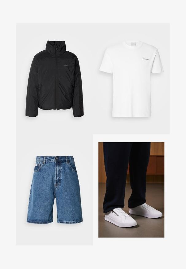 Svart pufferjakke med høy krage, glidelås foran og sidelommer. Glatt, blank tekstur med en minimal logo på brystet.; Hvit bomulls T-skjorte med korte ermer og rund hals. Har en liten svart "Calvin Klein" logo på venstre bryst.; Jeansshorts i falmet blå, høy midje-design med to frontlommer, sømdetaljer og knappelukking.; Hvite joggesko med en glatt lærfinish, flat såle og snøring. Sidelommer med glidelås gir funksjonalitet. Kombinert med mørke joggebukser.