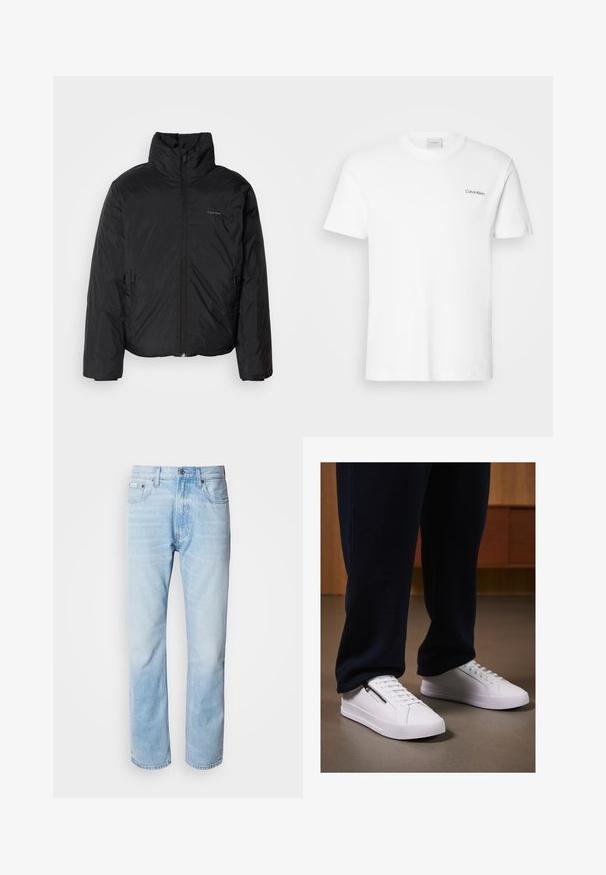Must musträkk, millel on kõrge krae, lukuga ees ja küljetaskud. Sile, läikiv tekstuur ja minimaalne logo rinnal.; Valge puuvillasest T-särk lühikäistega ja ümarkaelusega. Vasakul rinnal on väike must "Calvin Klein" logo.; Heledad sinine denimhääl, sirge sääre lõikega, millel on pleekinud osad, viie tasku disain ja klassikaline nööbivärk.; Valged tennisetooted sileda nahapinnaga, tasase tallaga ja nööridega disainiga. Küljel asuv tõmblukk lisab funktsionaalsust. Kombineeritud tumedate spordipükste jao.