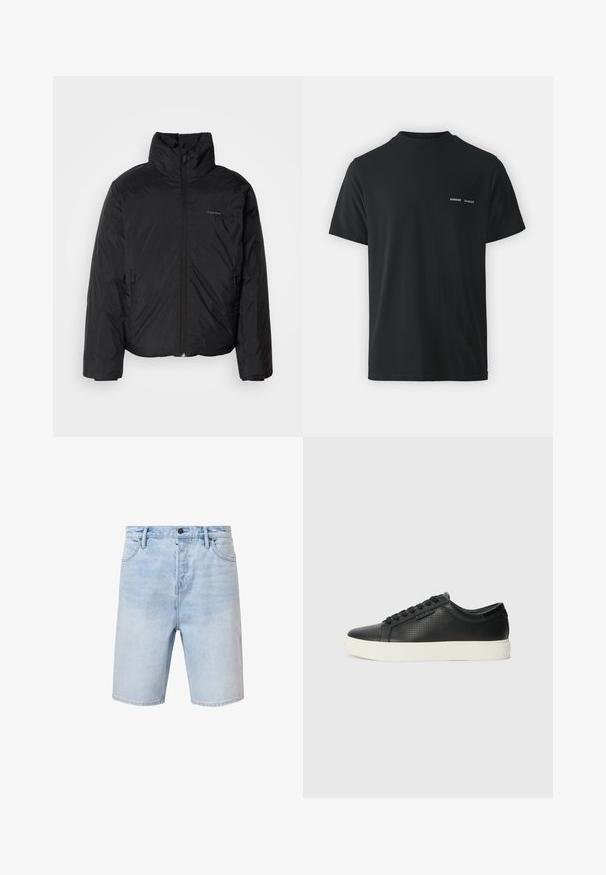 Must musträkk, millel on kõrge krae, lukuga ees ja küljetaskud. Sile, läikiv tekstuur ja minimaalne logo rinnal.; Must must t-särk klassikalise ümmarguse kaelusega, lühikeste varrukatega ja vasakul rinnal kaks väikest valget "SAMSØE" logo.; Heledad sinine teksashorts, regulaarne lõige, viie taskuga disain ja nööpidega sulg. Omab peent pleekimist ja õmmeldud aluseid.; Must have perforatsiooniga mustad nahast tossud, ümar varvas ja lame valge kummist tald. Omab musti paelu ja diskreetset logo küljel.