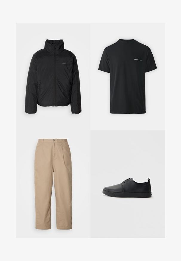 Juoda pūkinė striukė su aukštu apykakle, užtrauktuku priekyje ir šoninėmis kišenėmis. Lygus, blizgus paviršius su minimaliu logotipu ant krūtinės.; Juodas medvilnės marškinėliai su klasikinėmis apvalios apykaklės, trumpomis rankovėmis ir dviem mažais baltais "SAMSØE" logotipais ant kairiojo krūtinės.; Šviesiai rudos, lengvos medvilnės kelnės su raukšlėtu priekiu, sagčių užsegimu ir tiesiomis kojomis, pasižyminčios švelnia tekstūra ir be matomų raštų.; Juodos odinės sportinės bateliai su lygiu paviršium, suapvalinta nosimi, toniniais siūlais, raištelių užsegimu priekyje ir plokščiu guminiu padu. Kilpelė ant kulno.