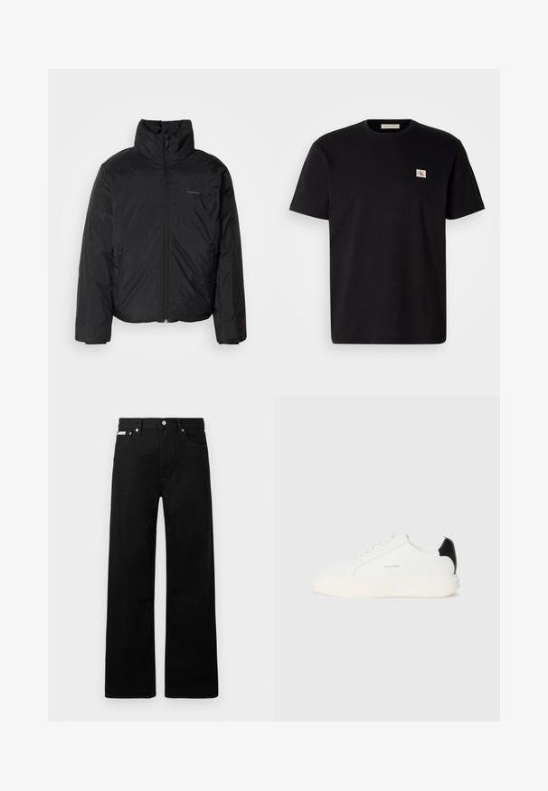 Casaco puffer preto com colarinho alto, fecho de correr na frente e bolsos laterais. Textura suave e brilhante com um logótipo minimalista no peito.; T-shirt de algodão preto com mangas curtas, gola redonda e um pequeno logotipo bordado no lado esquerdo do peito. Textura suave, corte regular.; Calças de ganga pretas com um design de pernas largas, apresentando cinco bolsos e fechos metálicos. Textura suave, sem padrões visíveis.; Sapatilha branca em couro com um acento preto no calcanhar, apresentando bico redondo, atacadores planos e uma sola branca grossa. Logótipo da Calvin Klein em exibição.
