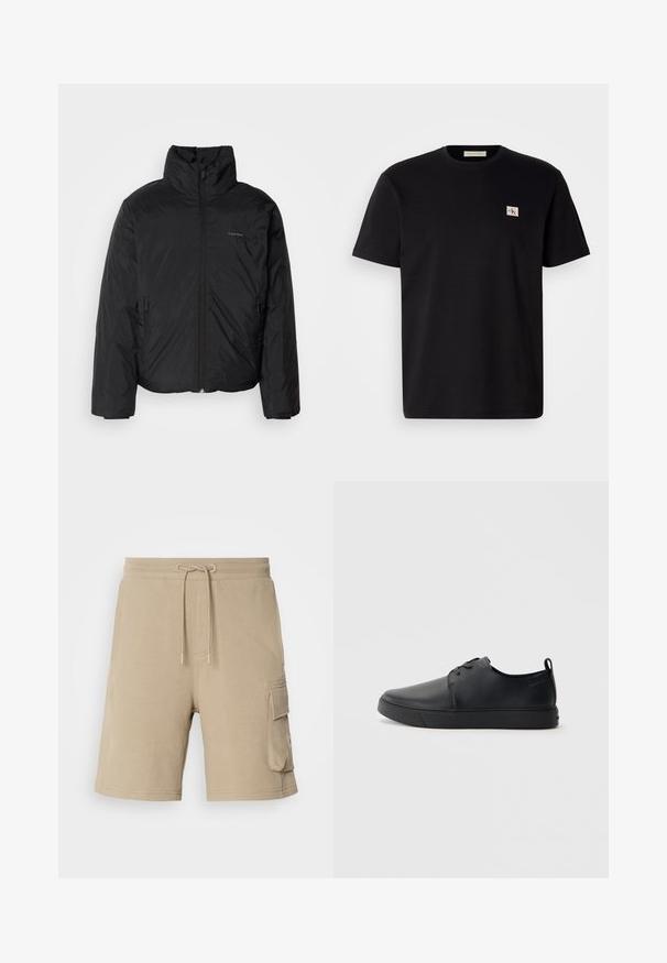 Fekete puffermellény magas gallérral, cipzáros elülső résszel és oldalsó zsebekkel. Simább, fényes textúra, minimális logóval a mellkason.; Fekete pamut póló rövid ujjal, kerek nyakkivágással, és egy kis hímzett logóval a bal oldali mellrészén. Sima tapintású, normál szabású.; Bézs cargo sort puha anyagból, állítható derékkal és oldalzsebekkel. Egyszerű dizájn, térdhez érő hosszúság, minimális varrási részletek.; Fekete bőr sportcipő sima felülettel, lekerekített orral, azonos színű varrással, fűzős elülső résszel és lapos gumitalppal. Hurok a sarkán.