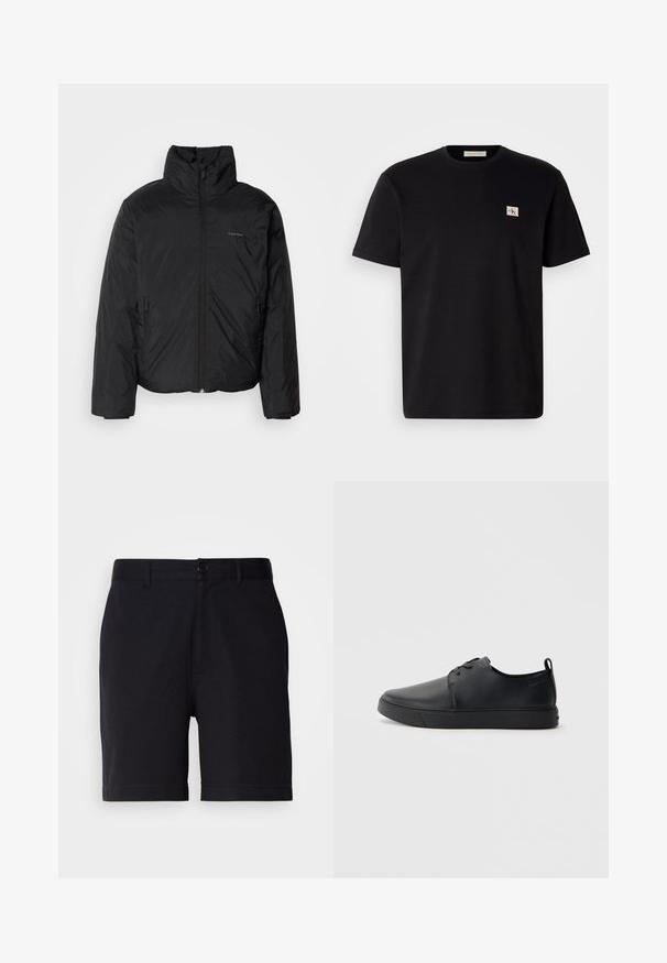 Svart pufferjakke med høy krage, glidelås foran og sidelommer. Glatt, blank tekstur med en minimal logo på brystet.; Svart bomull t-skjorte med korte ermer, rund hals og en liten brodert logo på venstre bryst. Glatt tekstur, normal passform.; Sorte shorts laget av bomullsblandingsstoff, med klassisk snitt, frontlommer og knappelukking i midjen.; Svart lær sneakers med glatt overflate, rund tå, tonede sømmer, snøring foran og flat gummisåle. Løkke på hælen.