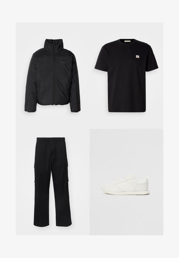 Crna puf jakna s visokim ovratnikom, patentnim zatvaračem sprijeda i bočnim džepovima. Glatka, sjajna tekstura s minimalnim logotipom na prsima.; Crna pamučna majica s kratkim rukavima, okruglog izreza, s malim izvezenim logotipom na lijevoj strani prsnog koša. Glatka tekstura, regularan kroj.; Crne cargo hlače s elastičnom strukom, bočnim džepovima i ravnim krojem, izrađene od laganog materijala.; Bijela tenisica s gornjim dijelom od mrežice i sintetičkog materijala, okrugli vrh, ravne vezice i teksturirani bočni trak. Gumeni potplat s petnim trakicom.