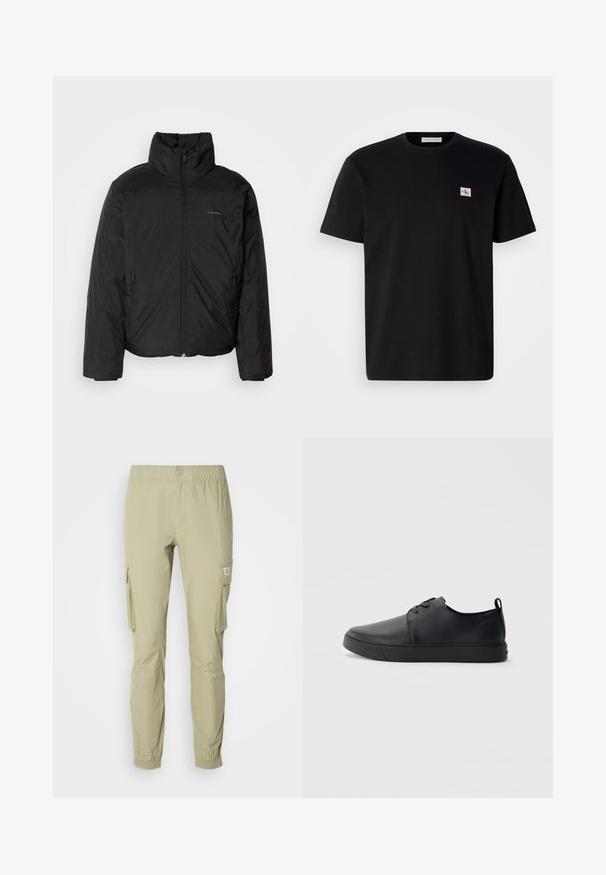 Svart pufferjakke med høy krage, glidelås foran og sidelommer. Glatt, blank tekstur med en minimal logo på brystet.; Svart bomull t-skjorte med korte ermer, rund hals og en liten brodert logo på venstre bryst. Glatt tekstur, normal passform.; Lys grønne cargo bukser med elastisk liv, sidelommer og en litt innsnevret passform. Laget av et lett stoff.; Svart lær sneakers med glatt overflate, rund tå, tonede sømmer, snøring foran og flat gummisåle. Løkke på hælen.