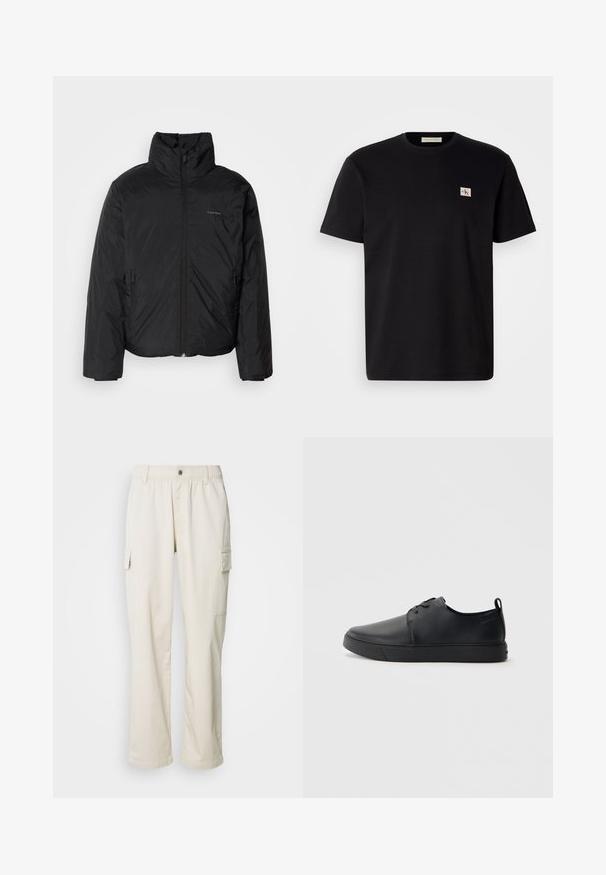 Černá péřová bunda s vysokým límcem, zipovým uzávěrem vpředu a bočními kapsami. Hladká, lesklá textura s minimálním logem na hrudi.; Černé bavlněné tričko s krátkým rukávem, kulatým výstřihem a malým vyšívaným logem na levé straně hrudi. Hladká textura, standardní střih.; Krémové cargo kalhoty s elastickým pasem, bočními kapsami, rovnou nohavicemi a hladkou, lehkou texturou látky.; Černé kožené tenisky s hladkým povrchem, zaoblenou špičkou, tónovým prošíváním, šněrovacím uzávěrem a plochou gumovou podrážkou. Očko na patě.