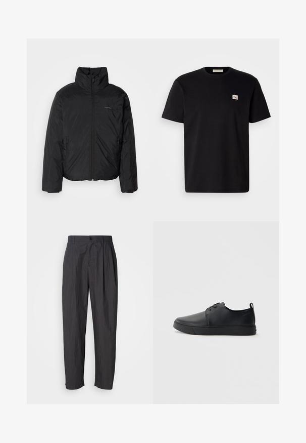 Fekete puffermellény magas gallérral, cipzáros elülső résszel és oldalsó zsebekkel. Simább, fényes textúra, minimális logóval a mellkason.; Fekete pamut póló rövid ujjal, kerek nyakkivágással, és egy kis hímzett logóval a bal oldali mellrészén. Sima tapintású, normál szabású.; Sötét szürke, egyenes lábú nadrág övhurkokkal, elülső gombos záródással és oldalsó zsebekkel, sima világos háttéren.; Fekete bőr sportcipő sima felülettel, lekerekített orral, azonos színű varrással, fűzős elülső résszel és lapos gumitalppal. Hurok a sarkán.