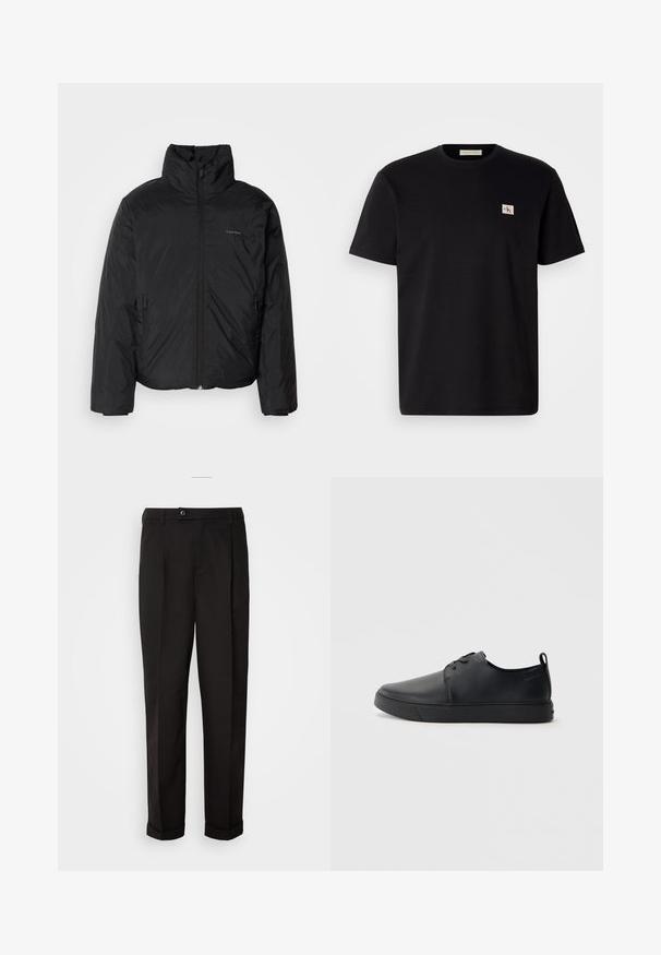 Must musträkk, millel on kõrge krae, lukuga ees ja küljetaskud. Sile, läikiv tekstuur ja minimaalne logo rinnal.; Mustmustärg t-särk lühikeste varrukatega, ümmarguse kaelusega ja väike tikitud logo vasakul rinnal. Sile tekstuur, tavaline sobivus.; Mustad püksid siledast kangast, sirge lõikega, kahe esipocketiga ja ühe nööbiga vöökoha kinnitamiseks.; Mustaläik nahast spordijalatsid siledaga viimistlusega, ümarate varvastega, sama tooni õmblustega, nööbid ees, ja lamedate kummist tallaga. Kannas aas.