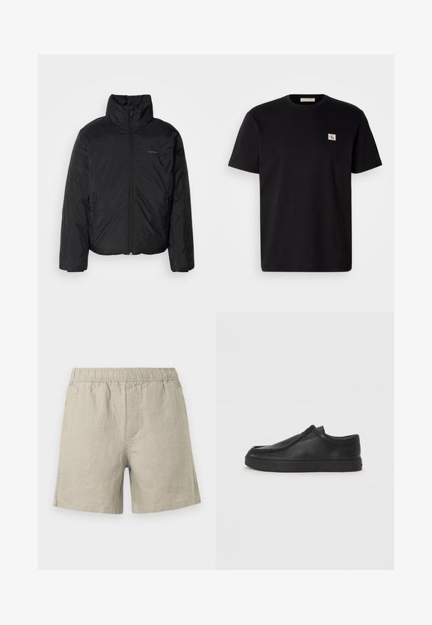 Must musträkk, millel on kõrge krae, lukuga ees ja küljetaskud. Sile, läikiv tekstuur ja minimaalne logo rinnal.; Mustmustärg t-särk lühikeste varrukatega, ümmarguse kaelusega ja väike tikitud logo vasakul rinnal. Sile tekstuur, tavaline sobivus.; Heledat beeži linased lühikesed püksid, millel on elastne vöökoht, sirge lõige ja külgmised õmblused. Sile ja hingav tekstuur.; Must na ostri varvastega musta nahast libisemisega king, millel on tikand ja must kummitald. Sile tekstuur ja minimalistik disain.