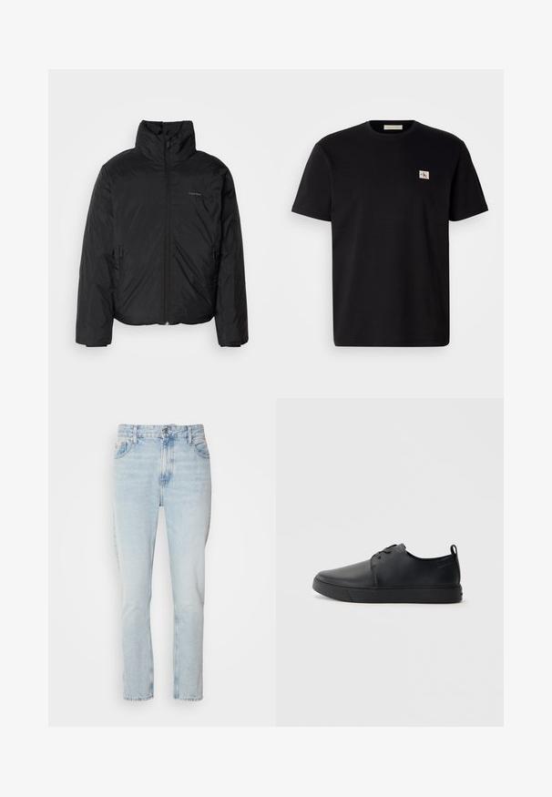 Musta puhvitakki korkealla kauluksella, vetoketjulla edessä ja sivutaskuilla. Sileä, kiiltävä pinta, jossa on minimaalinen logo rinnassa.; Musta puuvillapaita lyhyillä hihoilla, pyöreällä kauluksella ja pienellä kirjailulla vasemmassa rinnassa. Sujuva pinta, normaali malli.; Vaalean siniset farkut suoralla lahkeella. Ominaisuuksiin kuuluu vetoketjukiinnitys, viisi taskua ja hillitty haalistuminen kauttaaltaan.; Musta nahkakengät hienolla pinnalla, pyöreällä varvastyönnöllä, sävyyn sointuvilla ompeluilla, nauhakengät edessä ja littealla kumipohjalla. Silmukka kantapäässä.