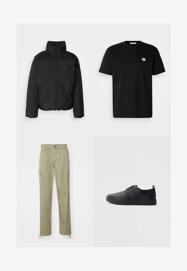 Fekete puffermellény magas gallérral, cipzáros elülső résszel és oldalsó zsebekkel. Simább, fényes textúra, minimális logóval a mellkason.; Fekete pamut póló rövid ujjal, kerek nyakkivágással, és egy kis hímzett logóval a bal oldali mellrészén. Sima tapintású, normál szabású.; Terepszínű vászon cargo nadrág, elasztikus derékkal, két oldalsó zsebbel és zsinórral a bokáján.; Fekete bőr sportcipő sima felülettel, lekerekített orral, azonos színű varrással, fűzős elülső résszel és lapos gumitalppal. Hurok a sarkán.