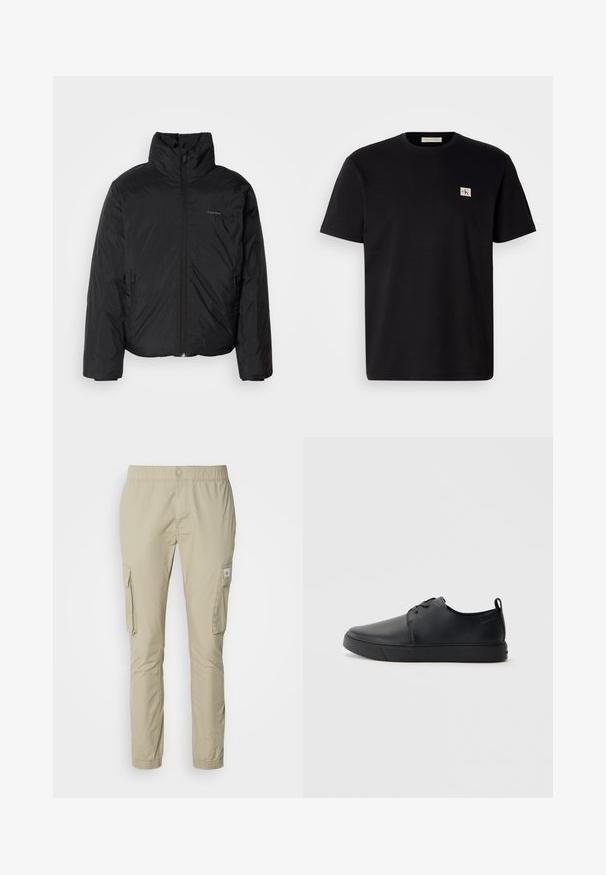 Must musträkk, millel on kõrge krae, lukuga ees ja küljetaskud. Sile, läikiv tekstuur ja minimaalne logo rinnal.; Mustmustärg t-särk lühikeste varrukatega, ümmarguse kaelusega ja väike tikitud logo vasakul rinnal. Sile tekstuur, tavaline sobivus.; Beežid kauboid püksid elastse vöökohtaga, kahe külge kinnitatava taskuga ja sujuva tekstuuriga. Taskul on väike logo silt.; Mustaläik nahast spordijalatsid siledaga viimistlusega, ümarate varvastega, sama tooni õmblustega, nööbid ees, ja lamedate kummist tallaga. Kannas aas.