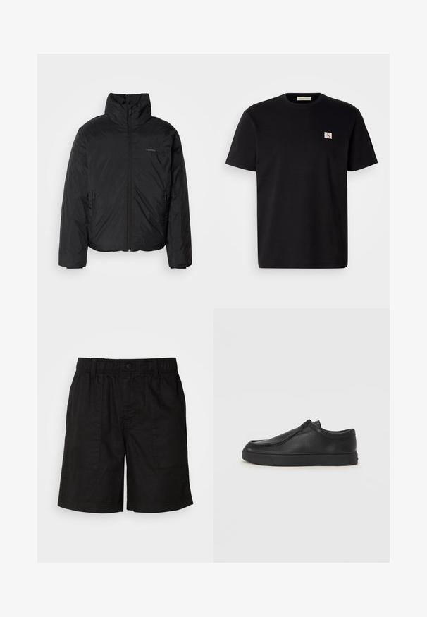 Black puffer jacket with a high collar, zipper front, and side pockets. Smooth, shiny texture with a minimal logo on the chest.; Black cotton t-shirt with short sleeves, crew neck, and a small embroidered logo on the left chest. Smooth texture, regular fit.; Black shorts with an elastic waistband and a button closure. Features two large side pockets with a textured fabric. Casual design.; Black leather slip-on shoe with a rounded toe, stitched detailing, and black rubber sole. Smooth texture with minimalistic design.