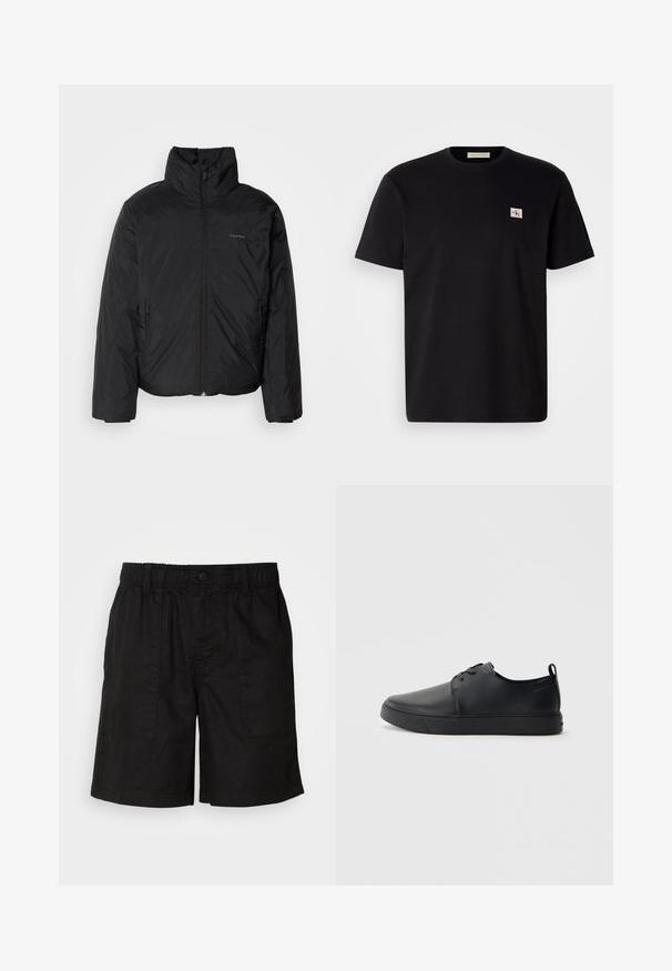 Svart pufferjakke med høy krage, glidelås foran og sidelommer. Glatt, blank tekstur med en minimal logo på brystet.; Svart bomull t-skjorte med korte ermer, rund hals og en liten brodert logo på venstre bryst. Glatt tekstur, normal passform.; Svarte shorts med elastisk midje og knappelukking. Inkluderer to store sidelommer med strukturert stoff. Avslappet design.; Svart lær sneakers med glatt overflate, rund tå, tonede sømmer, snøring foran og flat gummisåle. Løkke på hælen.