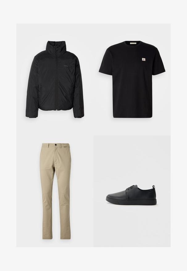 Black puffer jacket with a high collar, zipper front, and side pockets. Smooth, shiny texture with a minimal logo on the chest.; Black cotton t-shirt with short sleeves, crew neck, and a small embroidered logo on the left chest. Smooth texture, regular fit.; Calvin Klein MODERN SLIM - Chinos - london fog; Black leather sneaker with a smooth finish, rounded toe, tonal stitching, lace-up front, and a flat rubber sole. Loop at the heel.