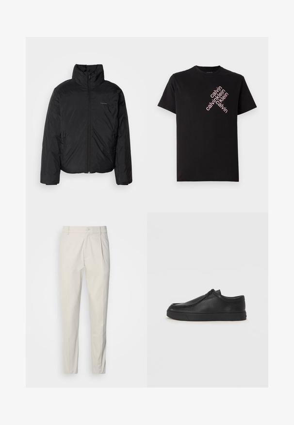 Svart pufferjakke med høy krage, glidelås foran og sidelommer. Glatt, blank tekstur med en minimal logo på brystet.; Svart bomull T-skjorte med skrå rosa "calvin klein" logo trykk foran. Korte ermer og rund halslinning.; Lys beige skreddersydde bukser med en jevn tekstur, pliserte foran og slank passform. Har en enkelt knappelukking og beltehus.; Sorte skinnsko uten snøring med rund tå, sydd detaljer og svart gummisåle. Glatt tekstur med minimalistisk design.