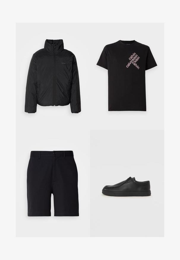 Sort dunjakke med høj krave, lynlåse foran og sidelommer. Glat, blank tekstur med et minimalistisk logo på brystet.; Sort bomulds T-shirt med et diagonalt pink "calvin klein" logo print foran. Korte ærmer og rund halsudskæring.; Sorte shorts lavet af en bomuldsblanding, med en klassisk pasform, frontlommer og en knaplukning i taljen.; Sorte læderslippersko med en rund tå, stikninger og sort gummisål. Glat tekstur med minimalistisk design.