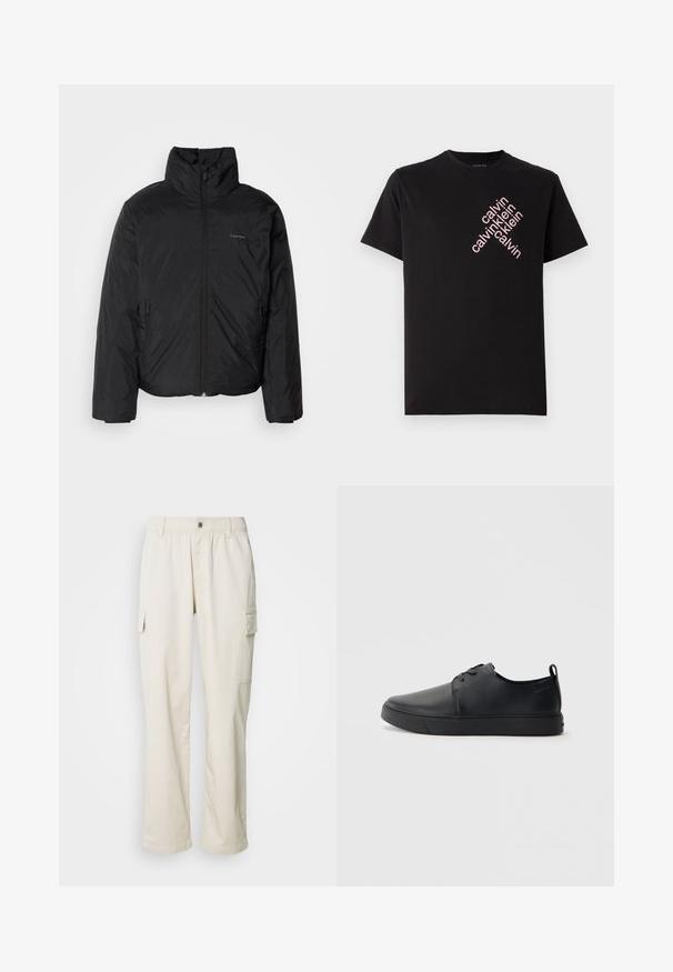 Črna puffer jakna z visokim ovratnikom, zadrgo spredaj in stranskimi žepi. Gladka, sijoča tekstura z minimalnim logotipom na prsih.; Črna bombažna majica s kratkimi rokavi, ki ima diagonalno roza logotip "calvin klein" natisnjen na sprednji strani. Ima okroglo izrez.; Kremne hlače s cargo krojem z elastičnim pasom, stranskimi žepe, ravnimi hlačnicami in gladko, lahko tkanino.; Črne usnjene športne čevlje z gladko površino, okroglo oblikovano nosilo, toniranim šivanjem, vezanjem spredaj in ravnim gumijastim podplatom. Zanko na peti.