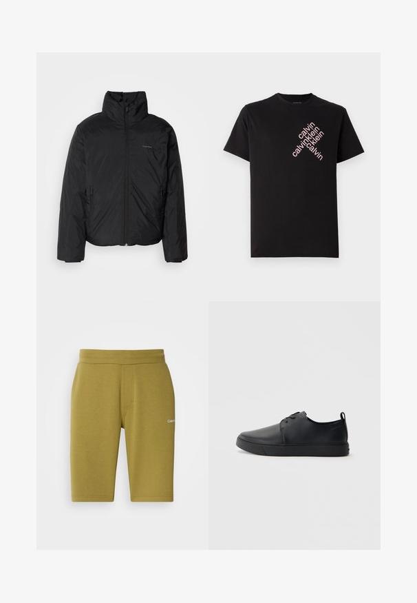 Čierna bundy s kapucňou, s vysokým golierom, so zipsom vpredu a bočnými vreckami. Hladká, lesklá textúra s minimálnym logom na hrudi.; Čierne bavlnené tričko s krátkym rukávom a okrúhlym výstrihom, s diagonálnym ružovým potlačou loga "calvin klein" na prednej strane.; Olivové krátke nohavice vyrobené z mäkkého zmesi bavlny, s hladkým povrchom, elastickým pásom a diskrétnym logom na ľavej strane.; Čierne kožené tenisky s hladkým povrchom, zaoblenou špičkou, tonálnym šitím, šnurovaním vpredu a plochou gumovou podrážkou. Obojok na päte.