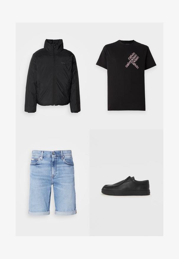 Melnā pūkainā jaka ar augstu apkakli, ar rāvējslēdzēju priekšpusē un sānu kabatām. Gluda, spīdīga tekstūra ar minimālu logotipu uz krūtīm.; Melnas kokvilnas T-krekls ar diagonālu rozā "calvin klein" logotipa apdruku priekšā. Īsas piedurknes un noapaļots kakls.; Gai zilu denimu šorti ar taisnu griezumu, apvītu maliņu, piecu kabatu dizainu un vienu pogu aizdari jostas vietā.; Melnas ādas slip-on kurpes ar noapaļotu purngalu, šūšanas detaļām un melnu gumijas zoli. Gluda tekstūra ar minimālistisku dizainu.