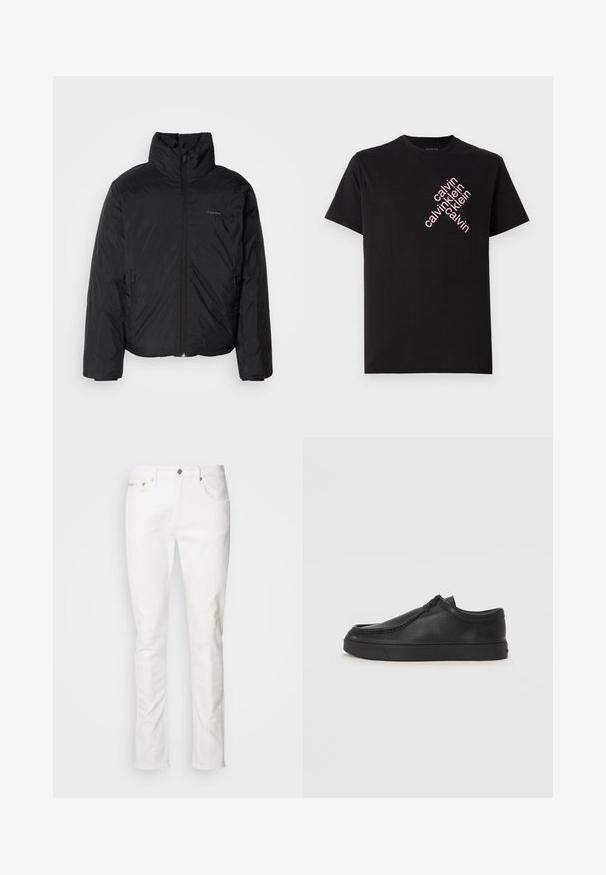 Svart pufferjakke med høy krage, glidelås foran og sidelommer. Glatt, blank tekstur med en minimal logo på brystet.; Svart bomull T-skjorte med skrå rosa "calvin klein" logo trykk foran. Korte ermer og rund halslinning.; Hvite denim jeans med rett ben-design, fem-lomme stil, med metallknapp-lukking og subtile stikking detaljer.; Sorte skinnsko uten snøring med rund tå, sydd detaljer og svart gummisåle. Glatt tekstur med minimalistisk design.