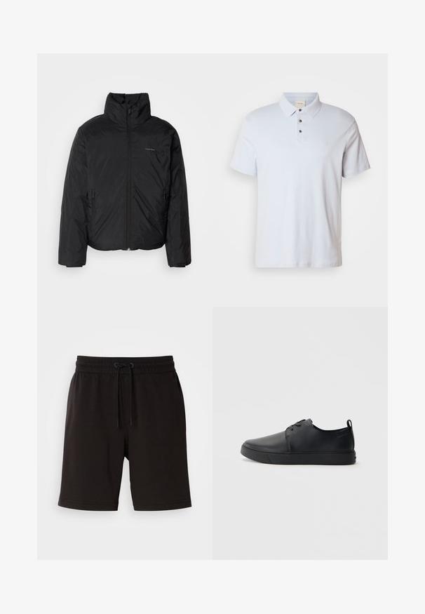 Juoda pūkinė striukė su aukštu apykakle, užtrauktuku priekyje ir šoninėmis kišenėmis. Lygus, blizgus paviršius su minimaliu logotipu ant krūtinės.; Šviesiai mėlynas medvilninis polo marškinėliai su trimis mygtukais, sulankstomu apykakle, trumpomis rankovėmis ir mažu logotipu krūtinėje.; Juodi medvilniniai šortai su elastinga juosta, raišteliu, šoninėmis kišenėmis ir laisvu siluetu. Lygios tekstūros ir kelio ilgio dizainas.; Juodos odinės sportinės bateliai su lygiu paviršium, suapvalinta nosimi, toniniais siūlais, raištelių užsegimu priekyje ir plokščiu guminiu padu. Kilpelė ant kulno.