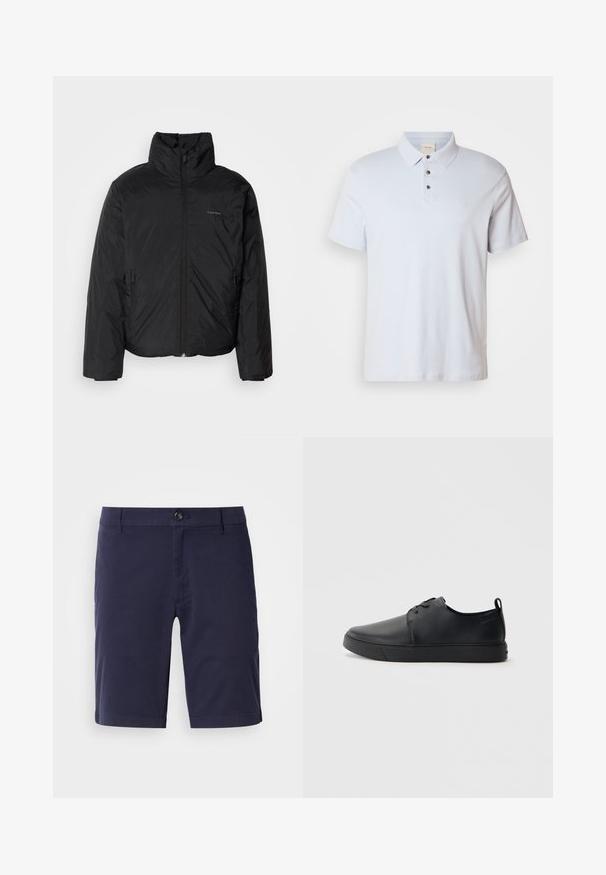Jachetă pufă neagră cu guler înalt, fermoar frontale și buzunare laterale. Textură netedă și strălucitoare, cu un logo minim pe piept.; Cămașa polo albă-albăstruie, din bumbac, cu o deschidere cu trei butoane, guler pliat, mâneci scurte și un mic logo pe piept.; Şorturi bleumarin cu un front plat, închidere cu nasture și buzunare laterale. Finisate dintr-un material ușor, cu o textură netedă.; Sneakers din piele neagră cu un finisaj neted, vârf rotund, cusături tonale, șireturi în față și o talpă plată din cauciuc. Buclă la călcâi.