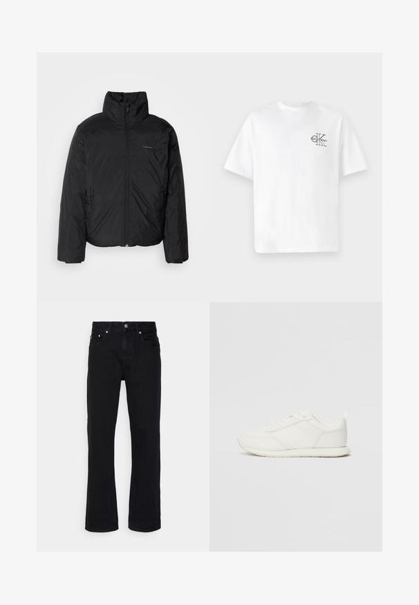 Casaco puffer preto com colarinho alto, fecho de correr na frente e bolsos laterais. Textura suave e brilhante com um logótipo minimalista no peito.; T-shirt de algodão branco com mangas curtas, gola redonda, apresentando um logo CK preto na área do peito esquerdo, ajuste padrão, textura suave.; Calvin Klein Jeans STRAIGHT - Calças de ganga de perna direita - denim black; Sapatilha branca com parte superior em malha e sintético, bico arredondado, atacadores planos e uma faixa lateral texturizada. Sola em borracha com uma alça na parte de trás.