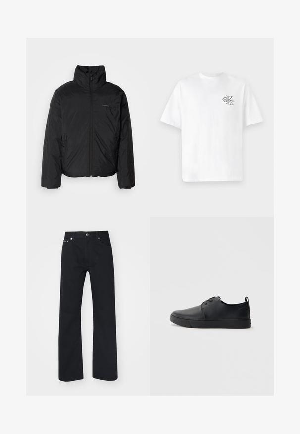 Chaqueta acolchada negra con cuello alto, cierre frontal y bolsillos laterales. Textura lisa y brillante con un logo minimalista en el pecho.; Camiseta blanca de algodón con mangas cortas, cuello redondo, que presenta un logotipo negro de CK en la parte izquierda del pecho, ajuste estándar, textura suave.; Jeans rectos negros con cinco bolsillos, cierre de botón y agujeros para cinturón. Confeccionados en una resistente tela de algodón con detalles de costura sutiles.; Zapatilla negra de cuero con acabado suave, punta redondeada, costuras a tono, cordones en la parte delantera y suela de goma plana. Asa en el talón.
