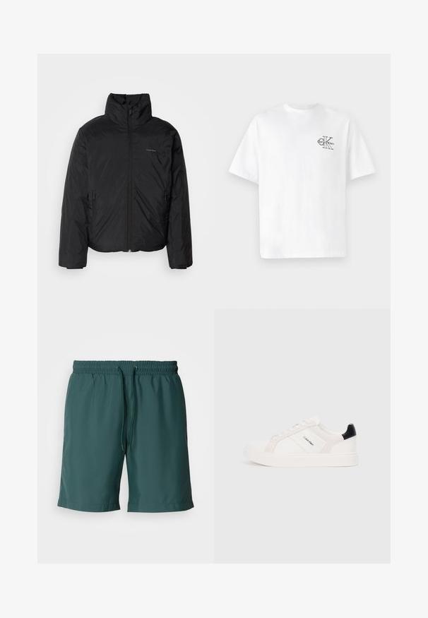 Čierna bundy s kapucňou, s vysokým golierom, so zipsom vpredu a bočnými vreckami. Hladká, lesklá textúra s minimálnym logom na hrudi.; Biela bavlnená tričko s krátkymi rukávmi a okrúhlym výstrihom, s čiernym logom CK na ľavej strane hrude, štandardná veľkosť, hladká textúra.; Zelené, ľahké šortky s elastickým pásom a šnúrkou, s hladkou textúrou a bočnými vreckami pre pohodlie.; Biele tenisky s jemne ružovými a čiernymi akcentmi, s hladkou kožou a semišovými panelmi, okrúhlou špičkou a plochou gumovou podrážkou.