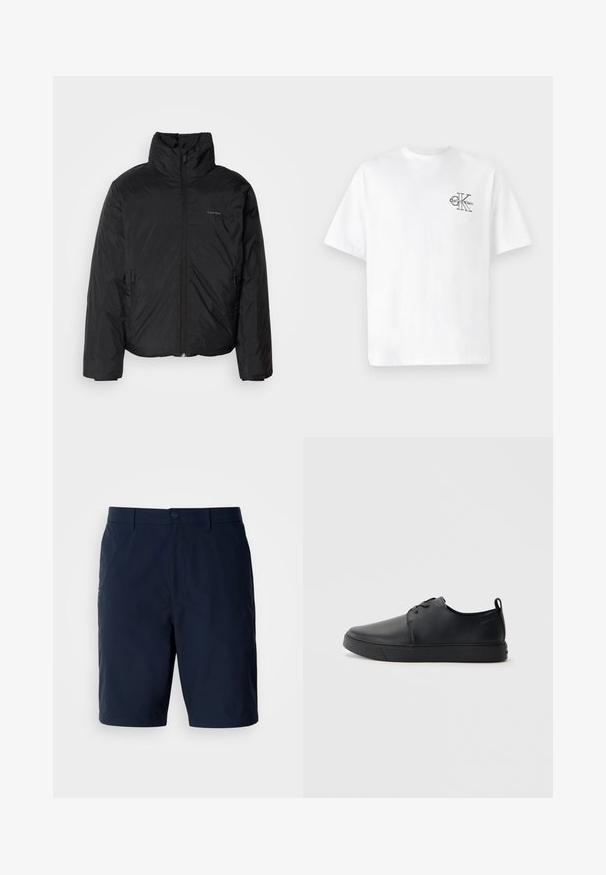 Juoda pūkinė striukė su aukštu apykakle, užtrauktuku priekyje ir šoninėmis kišenėmis. Lygus, blizgus paviršius su minimaliu logotipu ant krūtinės.; Balta medvilninė marškinėliai su trumpomis rankovėmis, apvalia kaklo iškirpte, kairėje krūtinės pusėje esantis juodas CK logotipas, standartinio kirpimo, lygus paviršius.; Tamsiai mėlynos šortai, pagaminti iš lengvos medžiagos, su klasikiniu siluetu, galiniais kišenėmis ir priekinėmis užtrauktukinėmis sagomis.; Juodos odinės sportinės bateliai su lygiu paviršium, suapvalinta nosimi, toniniais siūlais, raištelių užsegimu priekyje ir plokščiu guminiu padu. Kilpelė ant kulno.