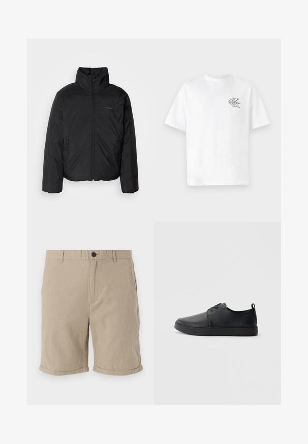 Svart puffjacka med hög krage, dragkedja framtill och sidofickor. Slät, glänsande textur med en minimal logotyp på bröstet.; Vit bomull T-shirt med korta ärmar och rund halsringning, med en svart CK-logotyp på vänster bröstparti, standard passform, slät yta.; Beiga linshorts med knappstängning, platt front, sidofickor och upprullade fållar, med ett strukturerat tyg för bättre andningsförmåga.; Svart lädersneaker med en slät yta, rund tå, tonad sömnad, snörning framtill och en platt gummisula. Ögla vid hälen.
