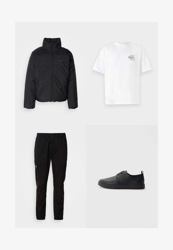 Jachetă pufă neagră cu guler înalt, fermoar frontale și buzunare laterale. Textură netedă și strălucitoare, cu un logo minim pe piept.; Tricou alb din bumbac, cu mâneci scurte, de tip crew neck, având un logo CK negru pe zona stânga a pieptului, croială standard, textură netedă.; Pantaloni cargo negri cu talie elastică, închidere cu nasture, două buzunare laterale și două buzunare cargo. Material neted cu o croială relaxată.; Sneakers din piele neagră cu un finisaj neted, vârf rotund, cusături tonale, șireturi în față și o talpă plată din cauciuc. Buclă la călcâi.