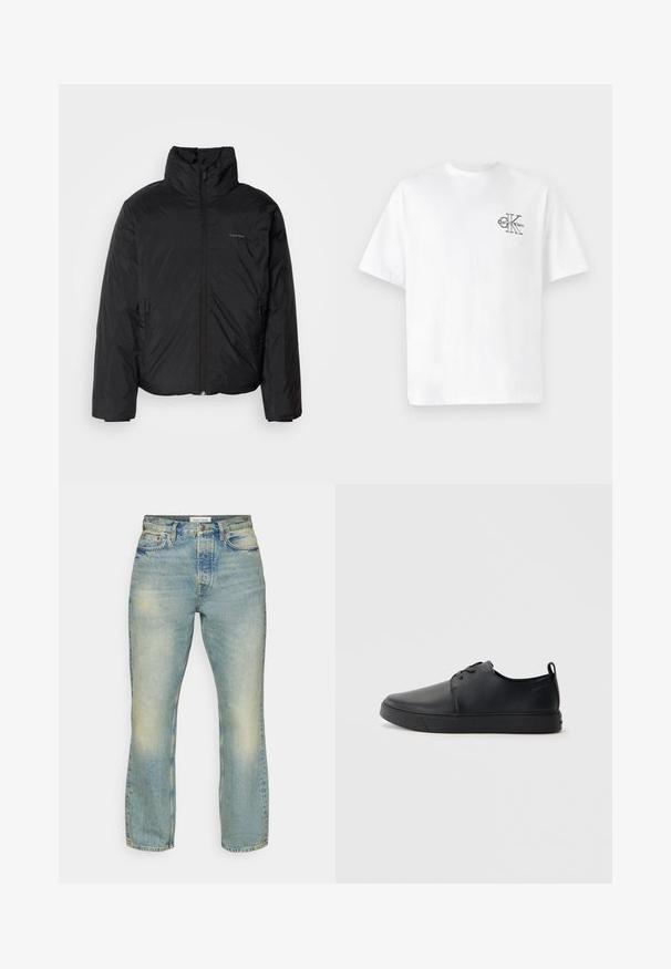 Črna puffer jakna z visokim ovratnikom, zadrgo spredaj in stranskimi žepi. Gladka, sijoča tekstura z minimalnim logotipom na prsih.; Bela bombažna majica s kratkimi rokavi, krožnim izrezom, s črnim CK logotipom na levi strani prsnega dela, standardne velikosti, gladke teksture.; Samsøe Samsøe EDDIE - Ravne kavbojke - grime; Črne usnjene športne čevlje z gladko površino, okroglo oblikovano nosilo, toniranim šivanjem, vezanjem spredaj in ravnim gumijastim podplatom. Zanko na peti.