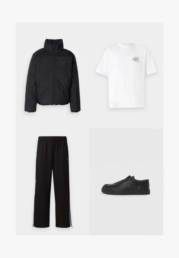 Juoda pūkinė striukė su aukštu apykakle, užtrauktuku priekyje ir šoninėmis kišenėmis. Lygus, blizgus paviršius su minimaliu logotipu ant krūtinės.; Balta medvilninė marškinėliai su trumpomis rankovėmis, apvalia kaklo iškirpte, kairėje krūtinės pusėje esantis juodas CK logotipas, standartinio kirpimo, lygus paviršius.; Juodi sportiniai šortai su elastingu juosmeniu, šoninėmis užtrauktukais ir mėlynomis detalėmis išorinėse siūlėse. Lygus audinys su tiesaus kirpimo dizainu.; Juodos odinės supjamintus batelius su apvaliu pirštu, siuvinėtu akcentu ir juodu guminiu padu. Lygus tekstūra su minimalistišku dizainu.