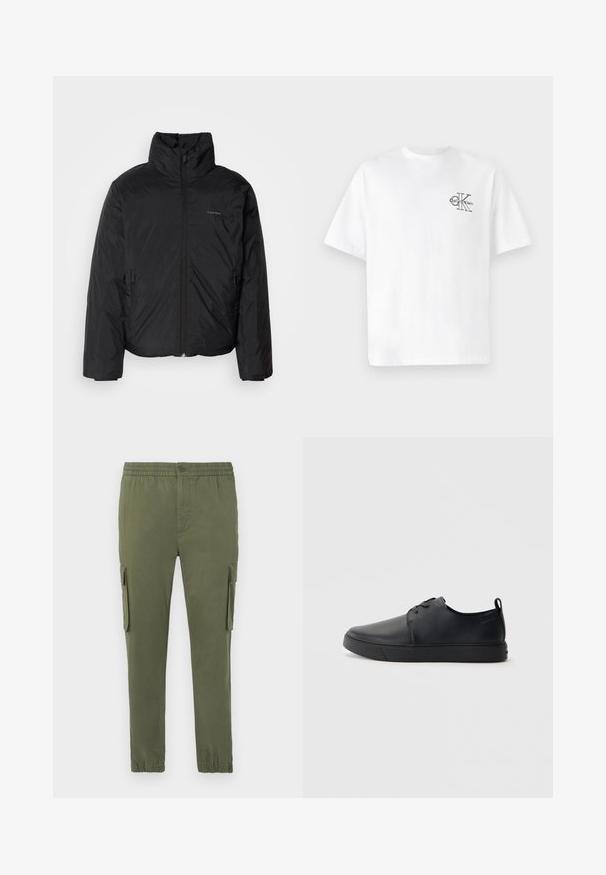 Melnā pūkainā jaka ar augstu apkakli, ar rāvējslēdzēju priekšpusē un sānu kabatām. Gluda, spīdīga tekstūra ar minimālu logotipu uz krūtīm.; Balta kokvilnas T-krekls ar īsām piedurknēm, apaļo kaklu, ar melnu CK logotipu kreisajā krūšu zonā, standarta piegriezums, gluda tekstūra.; Olīvzaļa krāsa cargo bikses, izgatavotas no viegla materiāla. Iespējas ietver elastīgu jostasvietu, pogu aizdari un sānu kabatas ar rāvējslēdzējiem.; Melnas ādas kedas ar gludu apdari, noapaļota purngala, tonāla šuvēm, auklu fronti un plakanu gumijas zoli. Cilpa pie papēža.